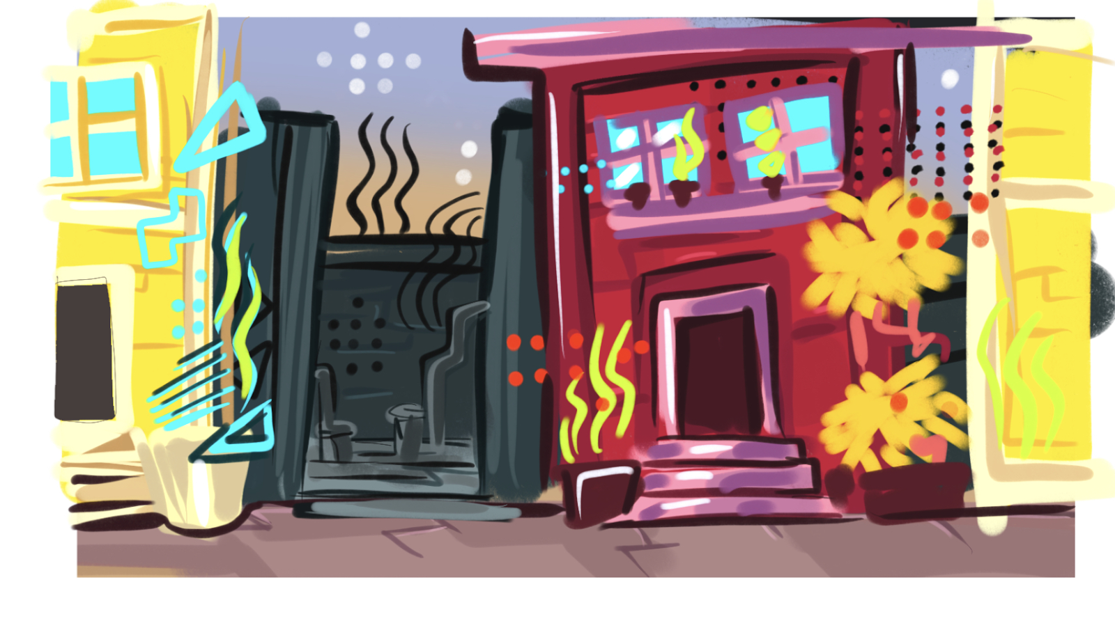 Concept art. A colorful city block full of confusing shapes and patterns adorning the environment.